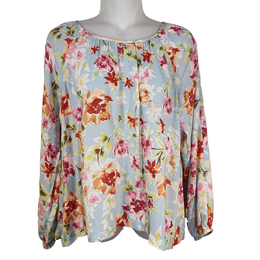 J Jill Top Blouse Sz XS Petite Floral Rayon Long Sleeve Pastel Pullover Pleated